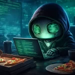 AI robot met hoodie achter laptop in donkere hacker omgeving, met groene schermreflecties, pizza en cola op tafel.